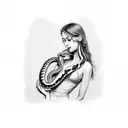 woman with snake wrapped around her chest picking fruit from tree tattoo design idea