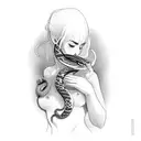 woman with snake wrapped around her chest picking fruit from tree tattoo design idea