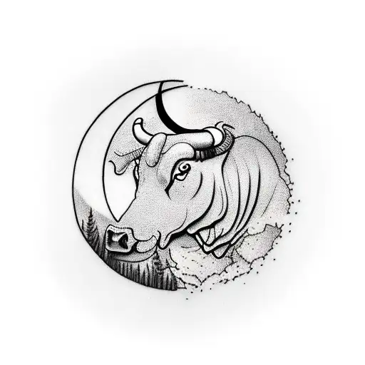  bull looking at the reflection of the moon in a river tattoo design idea