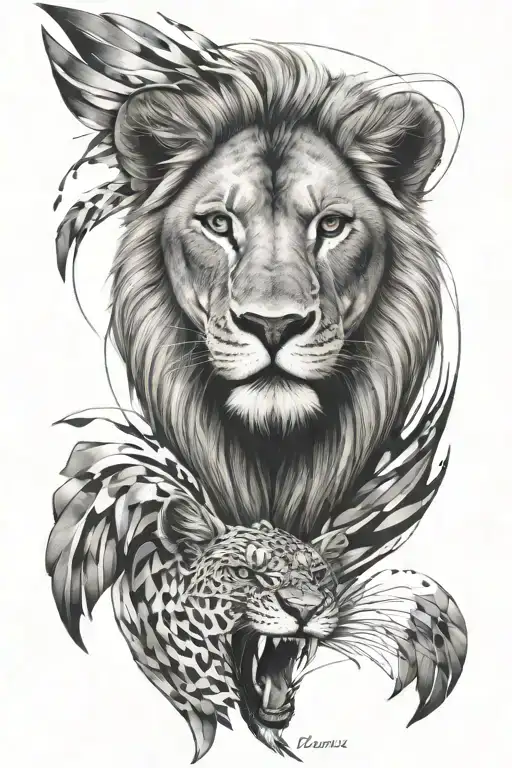 Lion blended hawk soaring blue eyes with sharp lines tattoo design idea