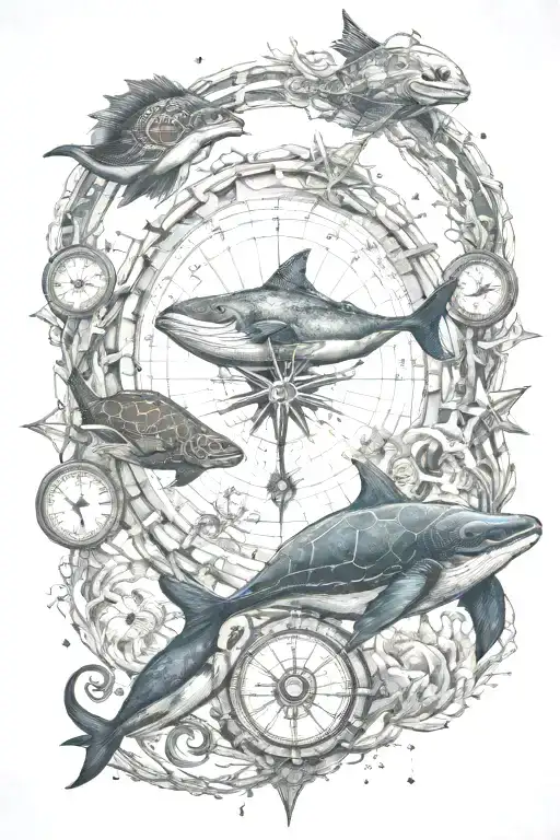 ocean, space, whale, sea turtle, trident, constellation, compass, rope, wolf  on the spine  tattoo design idea