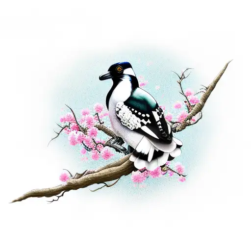 magpie with cherry blossom tattoo design idea