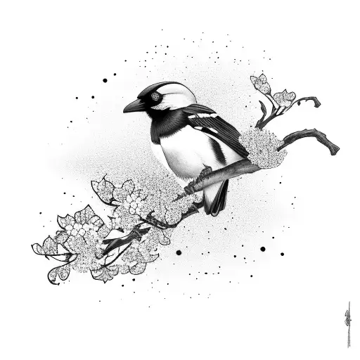 magpie with cherry blossom tattoo design idea