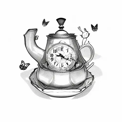 alice in wonderland, hatter, bread and butterfly, cards, teapot, pocketwatch tattoo design idea