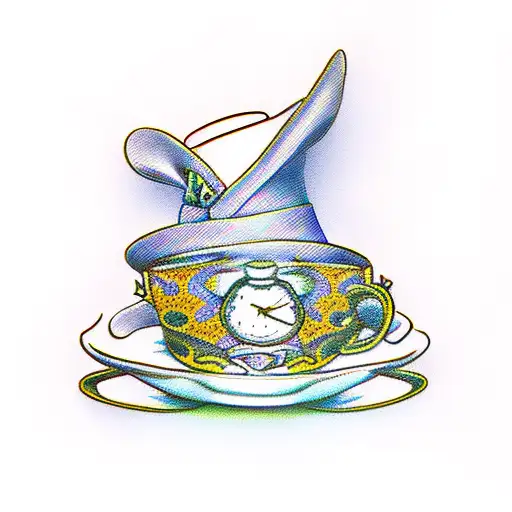 alice in wonderland, hatter, bread and butterfly, cards, teapot, pocketwatch tattoo design idea