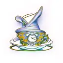 alice in wonderland, hatter, bread and butterfly, cards, teapot, pocketwatch tattoo design idea