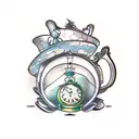 alice in wonderland, hatter, bread and butterfly, cards, teapot, pocketwatch tattoo design idea