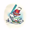 alice in wonderland, hatter, bread and butterfly, cards, teapot, pocketwatch tattoo design idea