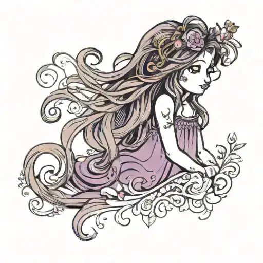 I want a doodle tattoo of a little girl with long messy wavey brown hair, wearing a purple spaghetti strap dress, barefo tattoo design idea