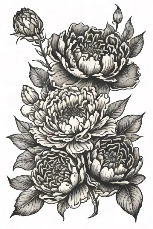 marigold, hawthorn, sweet pea, water lily, mourning glory, carnation, and peony flowers tattoo design idea