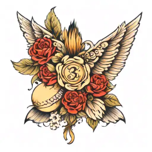 wings with flowers and angel numbers tattoo design idea