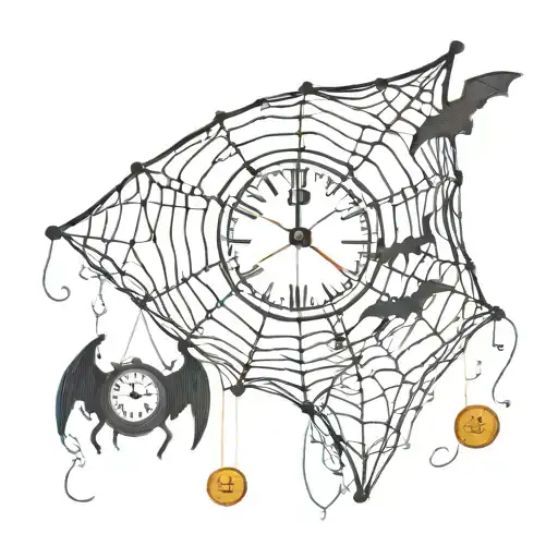 spider web with money a clock and a bat hanging upside tattoo design idea