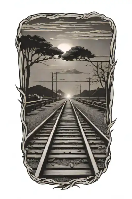 railroad tracks sunset scene inside representing the client's love tattoo design idea