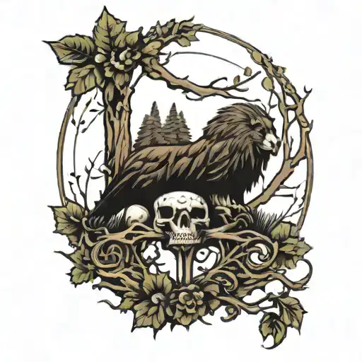 a broken roman sagle standard with a dark dense forrest beneath with hanging bodies in the trees tattoo design idea