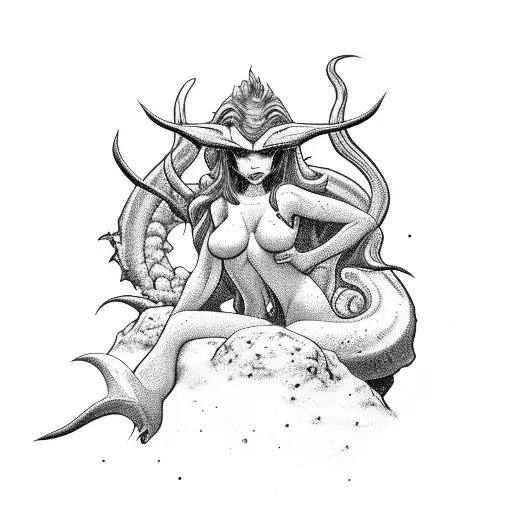 sexy siren sitting on rock lying on a mountain of skulls tattoo design idea