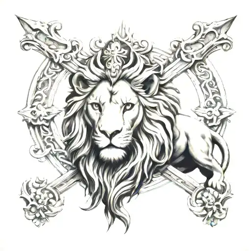 the great cyrus inspired with lion and cross tattoo design idea