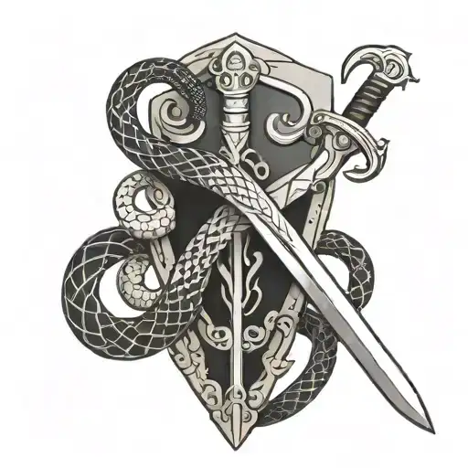 a sword with two snakes wrapped behind a shield  tattoo design idea