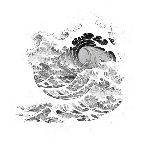 Rectangular greys ale japanise wave with the wave transitioning to full colour as it bursts out of the rectanglbursting  tattoo design idea