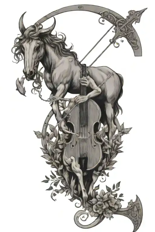 CENTAUR, LYRE, MEDICAL WHEEL, LAUREL WREATE, SAGUITARIUS CONSTELLATION, ARTEMIS BOW tattoo design idea