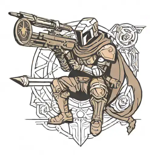 Simple outline tattoo of a destiny 2 hunter with per audacia ad astra written in the design no shading tattoo design idea