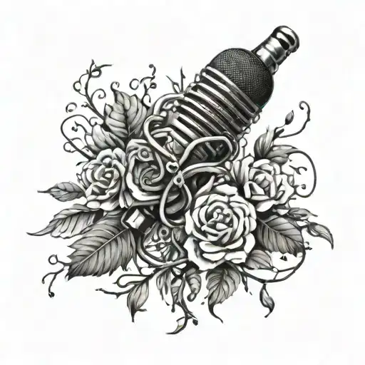 A microphone entwined with dark, twisted branches and blooming flowers tattoo design idea