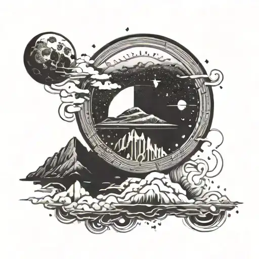 A cosmic landscape with a dark side of the moon prominently featured tattoo design idea