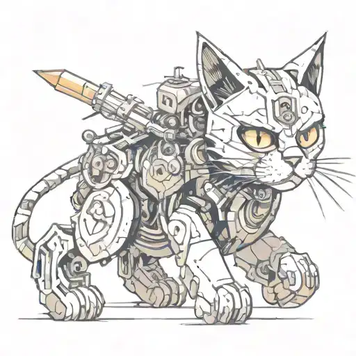 mechanical cat warrior tattoo design idea