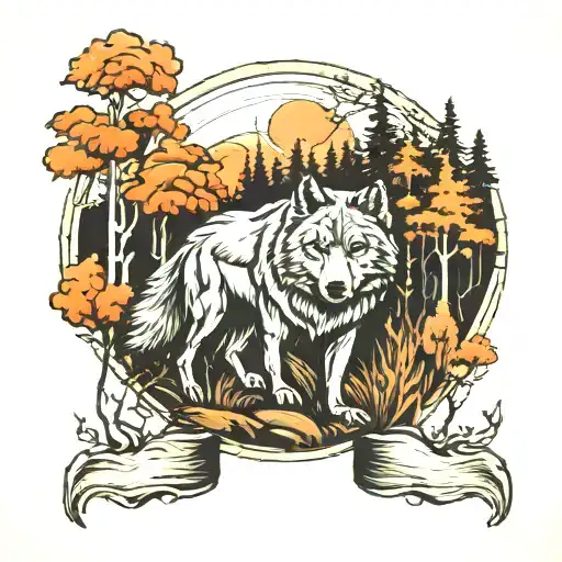 wolf and bear in the forest landscape tattoo design idea