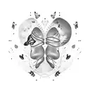 A dreamy tattoo design featuring the footprints of my family and my daughter, intertwined with a captivating landscape at dawn or dusk, adorned with graceful butterflies tattoo design idea