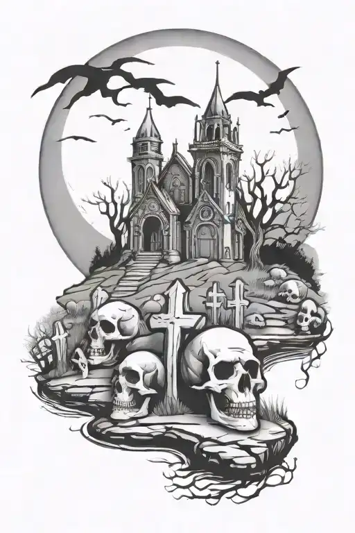 Full moon graveyard scene tattoo design idea