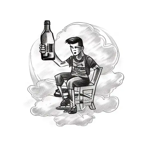 A sketch-style tattoo featuring a boy sitting on a broken chair with a bottle in his hand, surrounded by dark clouds and a sense of emptiness, representing his challenging upbringing tattoo design idea