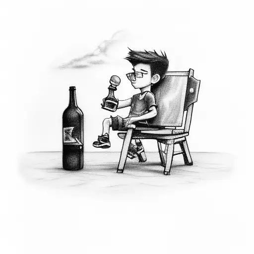 A sketch-style tattoo featuring a boy sitting on a broken chair with a bottle in his hand, surrounded by dark clouds and a sense of emptiness, representing his challenging upbringing tattoo design idea