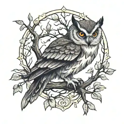 owl in oak tree tattoo design idea