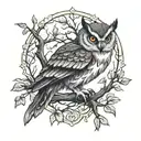 owl in oak tree tattoo design idea