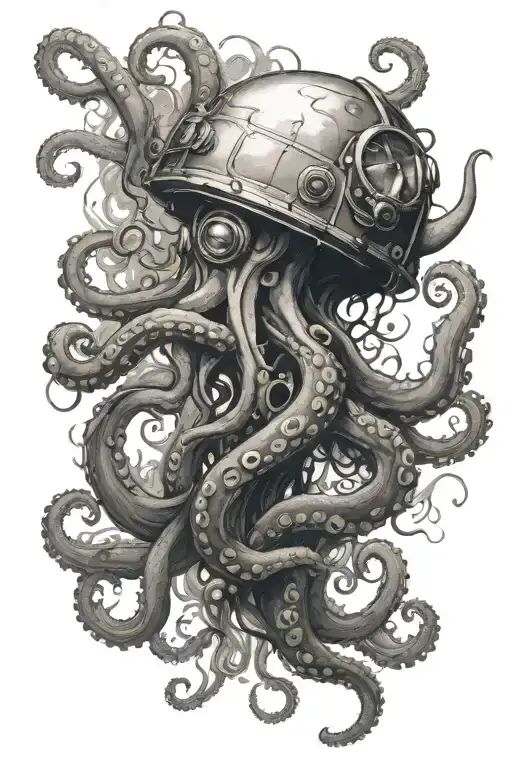 An underwater scene with octopus tentacles reaching up towards a floating astronaut tattoo design idea