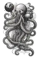 An underwater scene with octopus tentacles reaching up towards a floating astronaut tattoo design idea