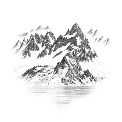 A stunning mountain landscape of Switzerland with a hidden letter 'S' in the scenery tattoo design idea