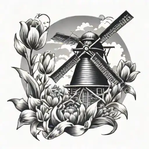Dutch windmill surrounded by tulips coming tattoo design idea
