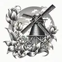 Dutch windmill surrounded by tulips coming tattoo design idea