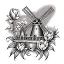 Dutch windmill surrounded by tulips coming tattoo design idea