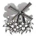 Dutch windmill surrounded by tulips coming tattoo design idea