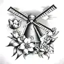 Dutch windmill surrounded by tulips coming tattoo design idea