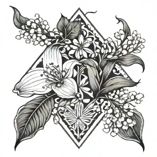A geometric pattern incorporating the birth and death dates of Martha Aurora Flores, with Lilly of the Valley flowers as accents tattoo design idea