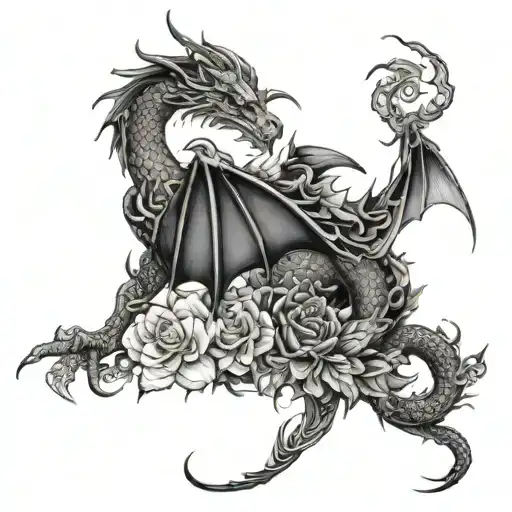 An eerie gothic scene featuring a dragon intertwined with dark floral patterns tattoo design idea