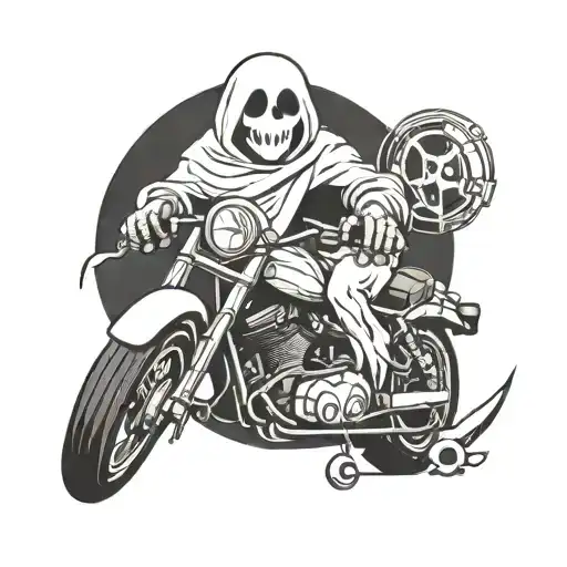 cartoon ghost leaning against motorcycle wheel tattoo design idea