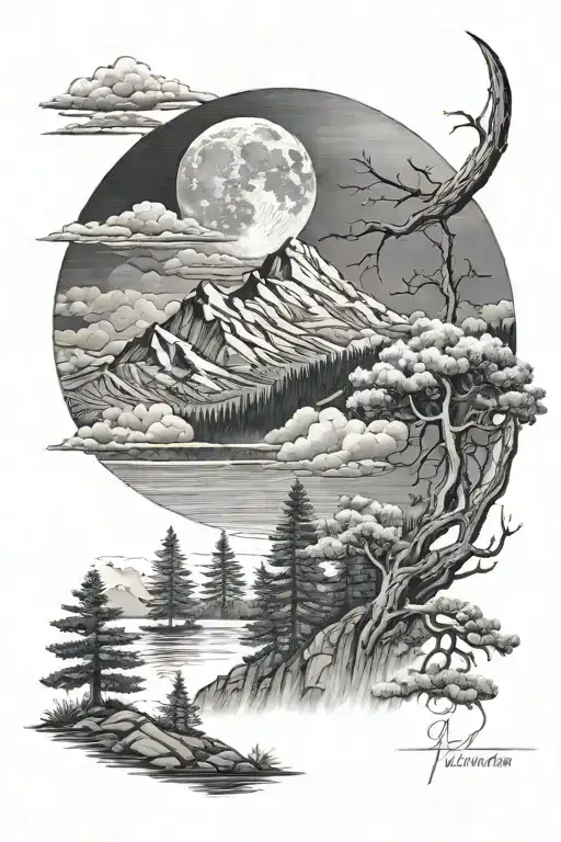 cloud moon mountain pine river tattoo design idea