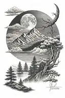 cloud moon mountain pine river tattoo design idea