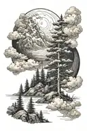 cloud moon mountain pine river tattoo design idea
