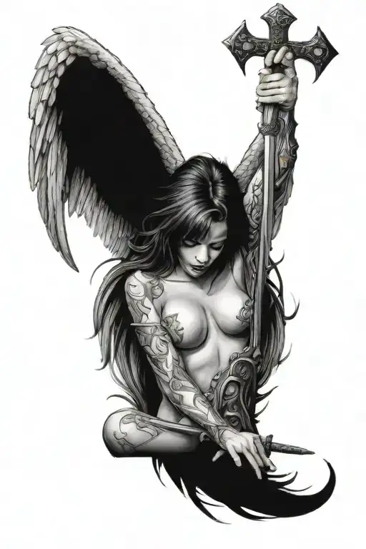 a black and white tattoo of a sexy female fallen angel, head down and holding a sword, beautiful detailed wings tattoo design idea