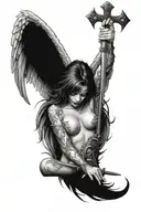 a black and white tattoo of a sexy female fallen angel, head down and holding a sword, beautiful detailed wings tattoo design idea